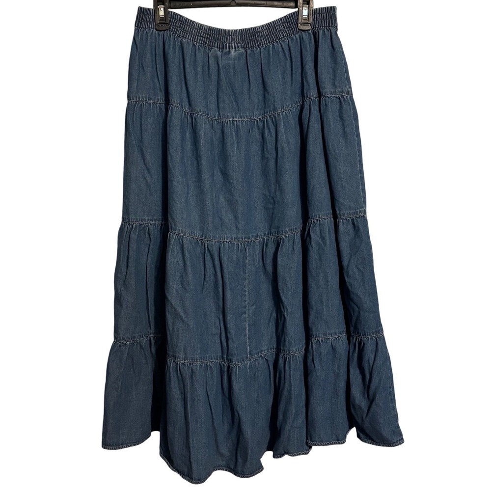 Vintage Blue Tiered Button Front Denim Maxi Skirt